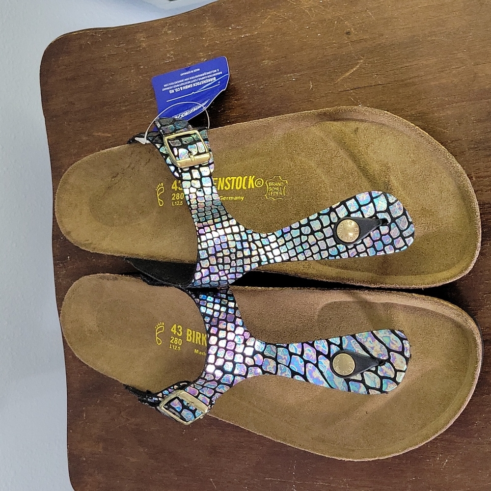 Birkenstock Gizeh Shiny Snake Black Multicolor Sandals size 12/ 43